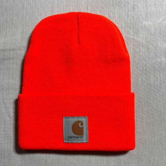 New Carhartt Cuffed Fluorescent Orange Knit Beanie Hat 100% Acrylic A18 Knitted - Picture 1 of 4